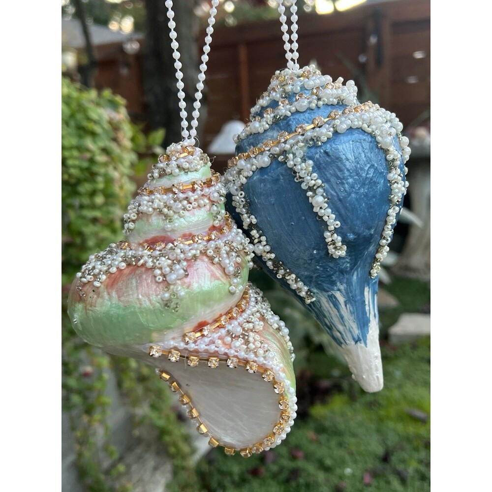 Large Jeweled Seashell Christmas Ornaments Pearl Beaded Rhinestone Coastal Pair - Picture 2 of 16